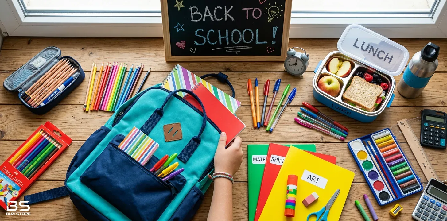 banner per fushaten Back To School- produkte te ndryshme per studente dhe nxenes per para pergatitje per fillimin e shkolles